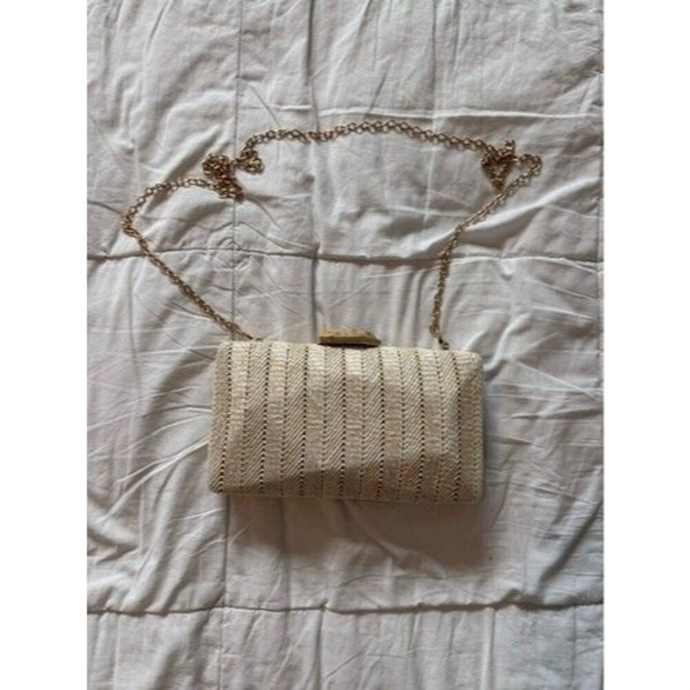 Beige Convertible Clutch Bag w/ Gold Chain Shoulder Strap, Lined, Clasp